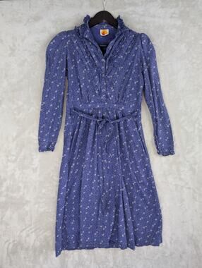 Vintage Rene Derhy Blue Leaf Prairie Dress Ruffle Collar Medium Cottagecore